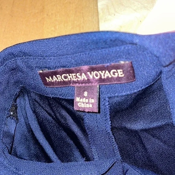 Marchesa Voyage Navy Blue Black Crepe & Lace Dress